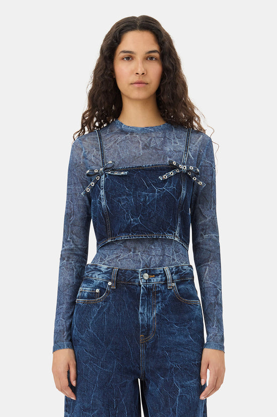 BLUE CRINKLED FUTURE DENIM STRAP TOP