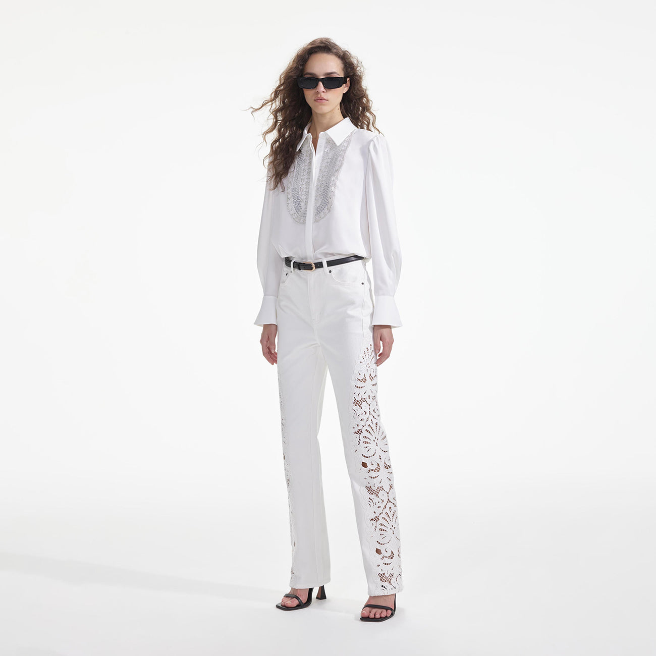 WHITE CUTWORK DENIM JEANS