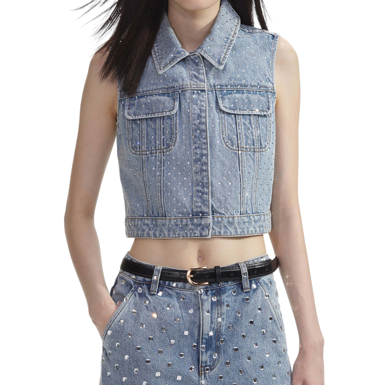 BLEACH WASH RHINESTONE DENIM TOP